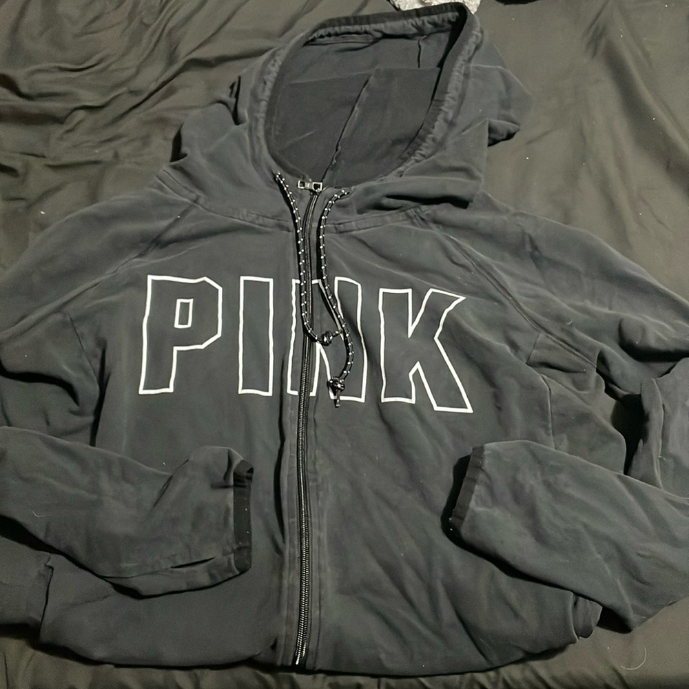 Black Victoria Secret PINK hoodie with white letters. Size large.